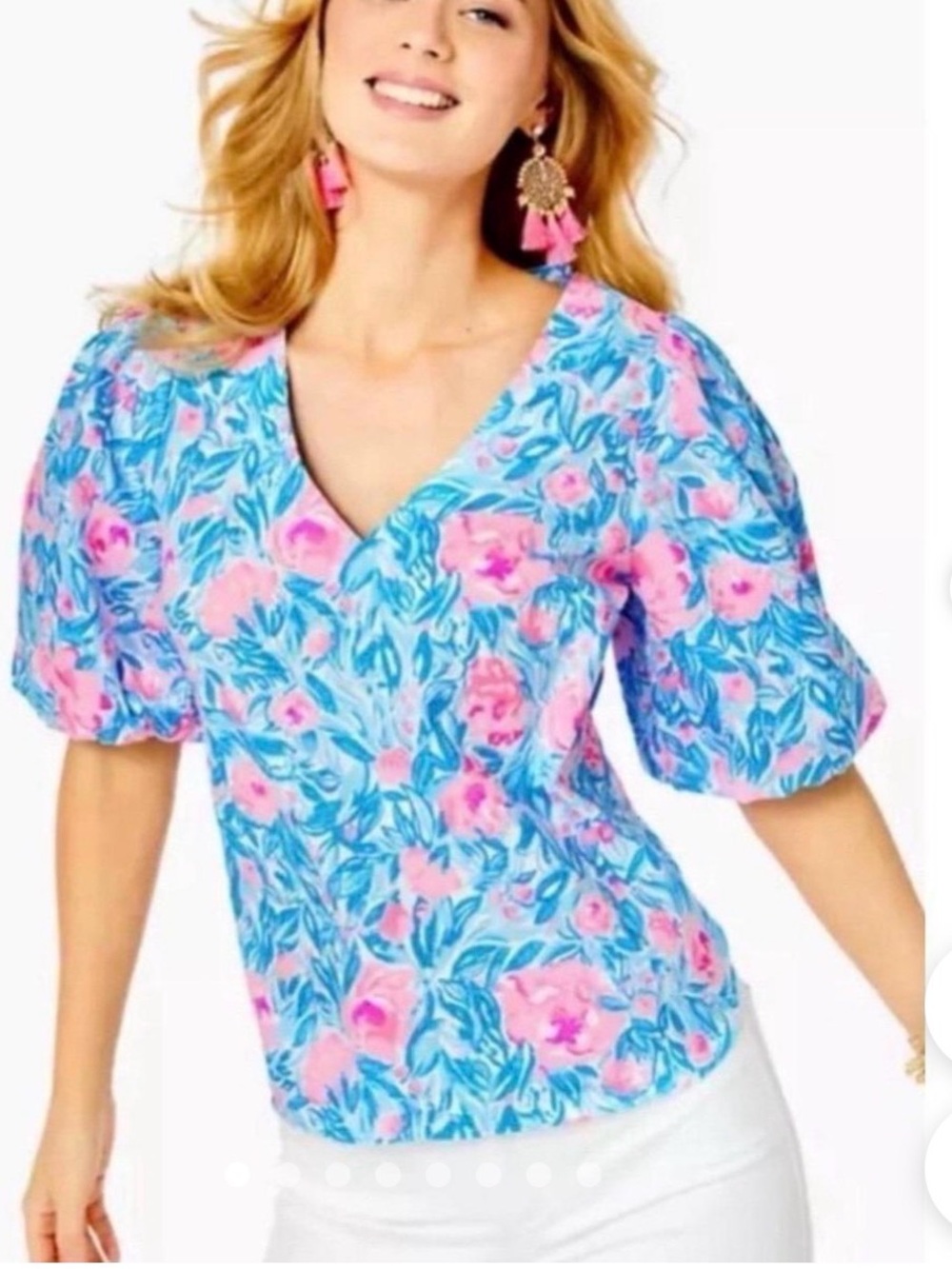 Lilly Pulitzer Ivee Top features a blue and pink "My Little Peony floral pattern